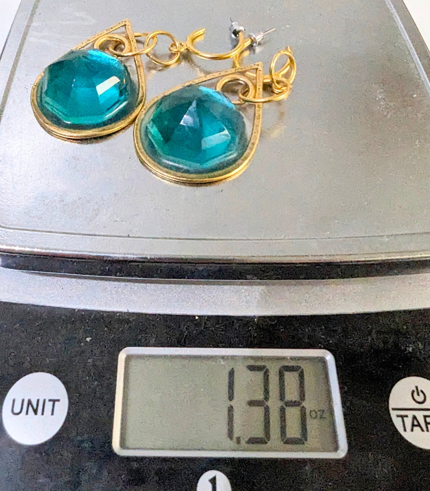 Beautiful 55 Ct 2 PC Pair Green Bluish Topaz Fancy Shape Earrings Gold Plated USA Made Sugar Gay Isber 3.5 inches Post Adult