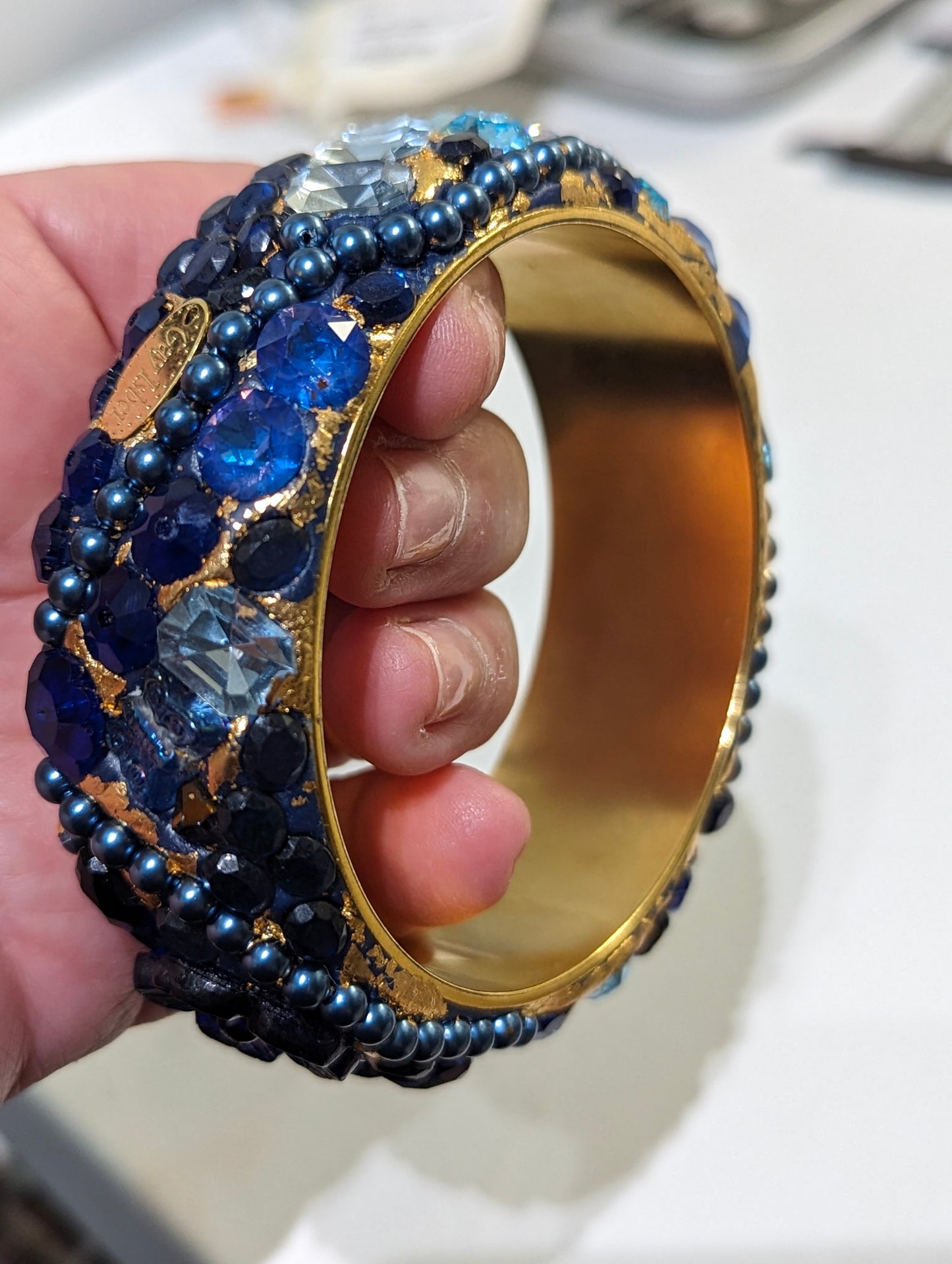 Blue and Gold Bangle Bracelet Hand Made Vintage beads one of one Sugar Gay Isber USA