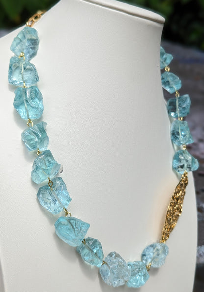 Aqua Glass Nuggets + Gold Designer Necklace by Sugar Gay Isber US Made Adjustable