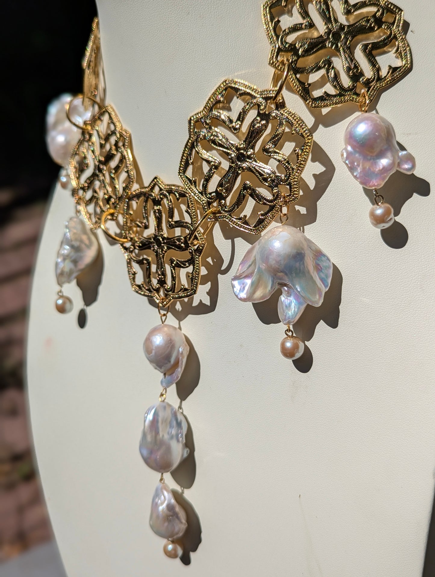 One-of-a-Kind Asian-Themed 24K Gold-Plated Necklace with Giant Baroque Pearls - Designed by Award-Winning Artist Sugar Gay Isber