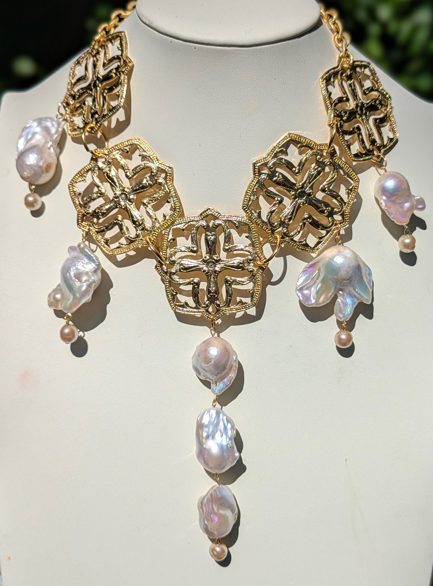 One-of-a-Kind Asian-Themed 24K Gold-Plated Necklace with Giant Baroque Pearls - Designed by Award-Winning Artist Sugar Gay Isber