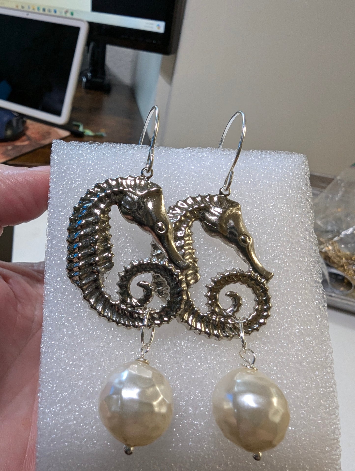 Sea Horses Vintage Silver + Pearl Earrings USA made Gay Isber Free shipping 3 inches New Old Stock