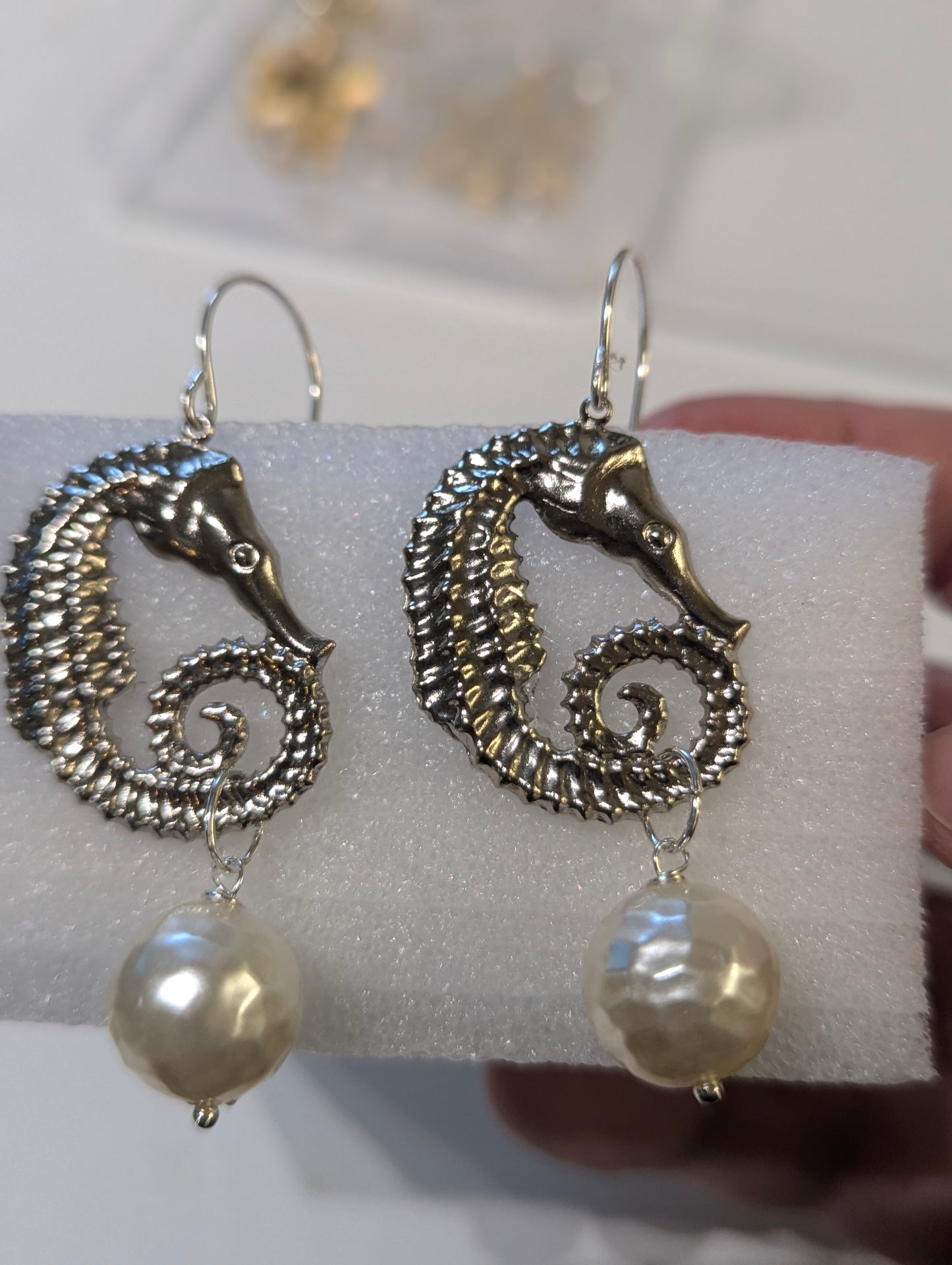 Sea Horses Vintage Silver + Pearl Earrings USA made Gay Isber Free shipping 3 inches New Old Stock