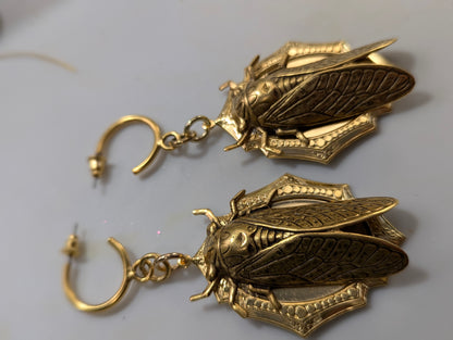 24K Gold Plated Cicada Earrings Brass Pressings Amazing XL Earrings Hand Made by Sugar Gay Isber