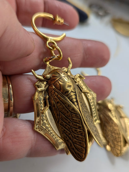 24K Gold Plated Cicada Earrings Brass Pressings Amazing XL Earrings Hand Made by Sugar Gay Isber