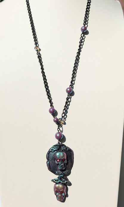 Spooky Skull Necklace Handmade Halloween Jewelry by Sugar Gay Isber – One-of-a-Kind, Ready to Ship! 22 inch black chain Unisex