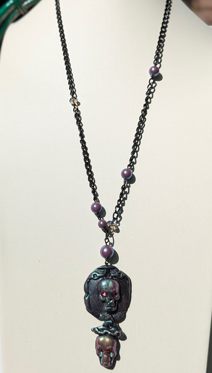 Spooky Skull Necklace Handmade Halloween Jewelry by Sugar Gay Isber – One-of-a-Kind, Ready to Ship! 22 inch black chain Unisex