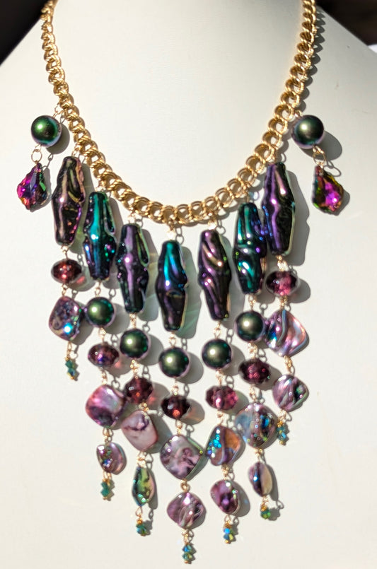 Unique Vintage-Inspired Bib Purple Green Necklace with 1970s Austrian AB Acrylic Beads and Swarovski Crystals - One-of-a-Kind Design by Sugar Gay Isber