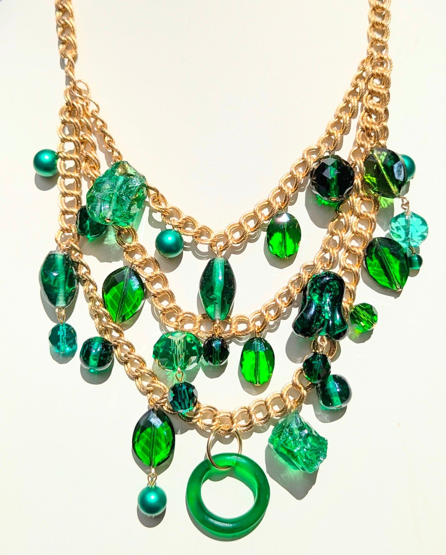 Unique Three-Tiered Green Glass Bead Necklace with Vintage Brass Chain - One-of-a-Kind Designer Quality by Sugar Gay Isber