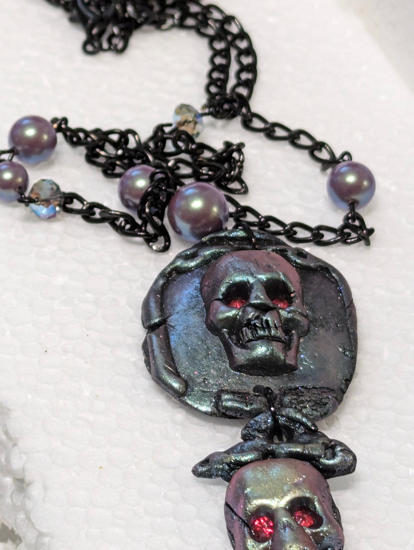 Spooky Skull Necklace Handmade Halloween Jewelry by Sugar Gay Isber – One-of-a-Kind, Ready to Ship! 22 inch black chain Unisex