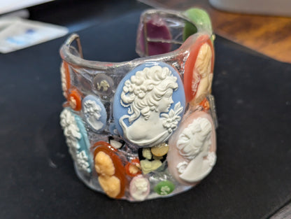 Vintage Cameo 3-inch wide Clear Resin Cuff Bracelet Vintage Silver frame Handmade Sustainable USA Sugar Gay Isber