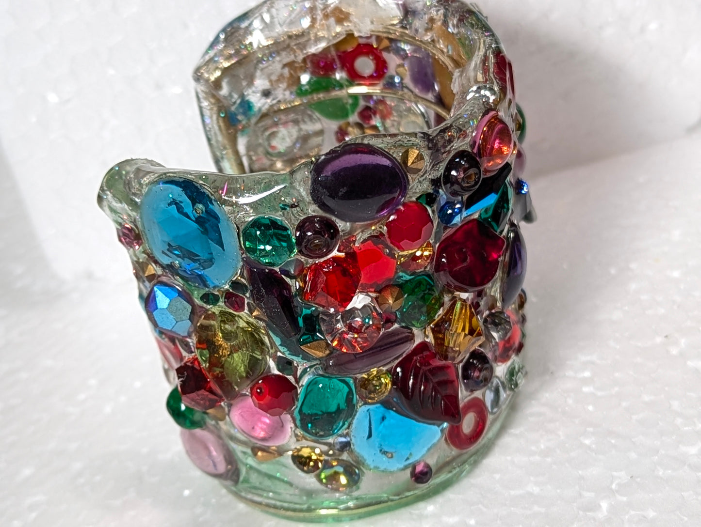 Multi Colored Confetti 2.5 inch-wide Clear Resin Cuff Bracelet Vintage Swarovski Stones Handmade Sustainable USA Sugar Gay Isber Holiday