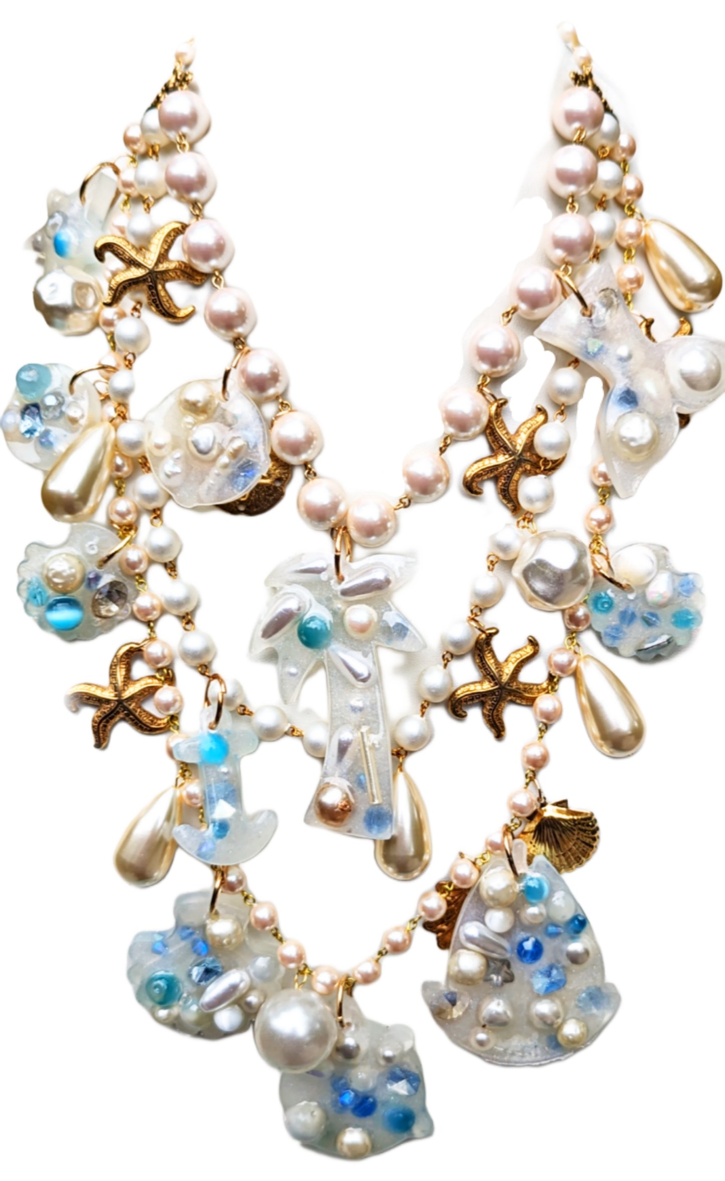 Beach Wedding Necklace Pale Blue with Vintage Pearls Bonus FREE Matching Earrings One-of-a-kind Sugar Gay Isber 3-strand