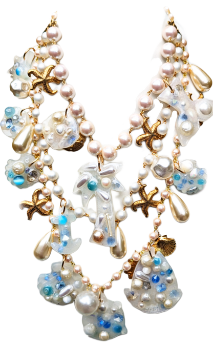 Beach Wedding Necklace Pale Blue with Vintage Pearls Bonus FREE Matching Earrings One-of-a-kind Sugar Gay Isber 3-strand