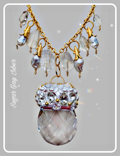 Extra large crystal drop, XL baroque pearls, Gold, Swarvoski, faceted quartz beads Sugar Gay Isber bridal necklace