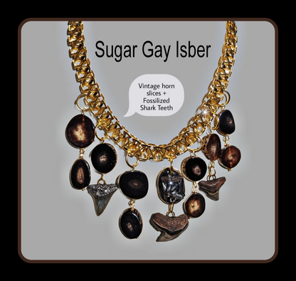 One-of-a-Kind Fossilized Shark Teeth and Vintage Horn Necklace - Designed by Award-Winning Artist Sugar Gay Isber