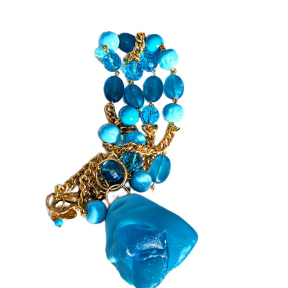 Blue Glass Beads inset into a gold chain with a glass pendant beach weddings Sugar Gay Isber necklace UNISEX