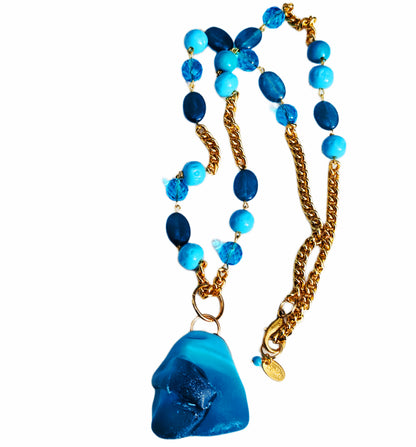 Blue Glass Beads inset into a gold chain with a glass pendant beach weddings Sugar Gay Isber necklace UNISEX