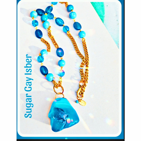 Blue Glass Beads inset into a gold chain with a glass pendant beach weddings Sugar Gay Isber necklace UNISEX