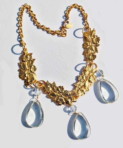 24k Gold Plated + Crystal Drops + Floral Motifs USA Made Brass Sugar Gay Isber Necklace Adjustable size to fit