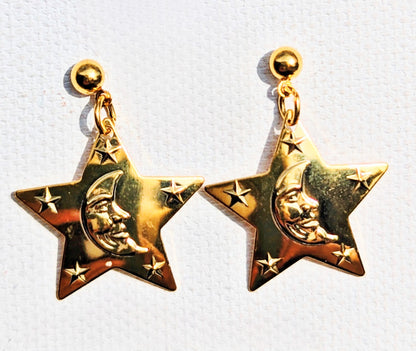 24k Gold plated Vintage Eclipse Moon and Star Post Earrings 1 inch Long USA Made by Sugar Gay Isber unisex-adult