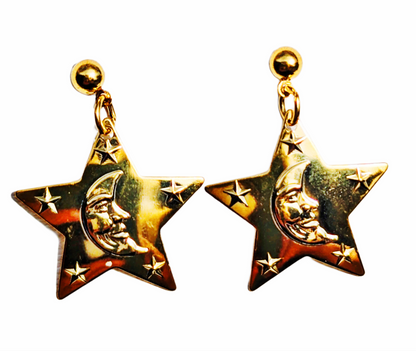 24k Gold plated Vintage Eclipse Moon and Star Post Earrings 1 inch Long USA Made by Sugar Gay Isber unisex-adult