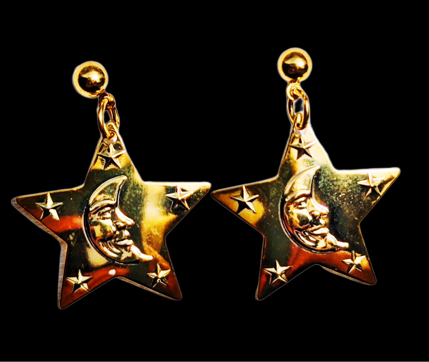 24k Gold plated Vintage Eclipse Moon and Star Post Earrings 1 inch Long USA Made by Sugar Gay Isber unisex-adult