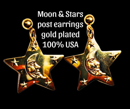 24k Gold plated Vintage Eclipse Moon and Star Post Earrings 1 inch Long USA Made by Sugar Gay Isber unisex-adult