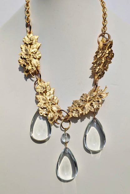 24k Gold Plated + Crystal Drops + Floral Motifs USA Made Brass Sugar Gay Isber Necklace Adjustable size to fit