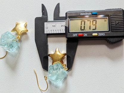 24K Gold Plated Vintage Stars + Aqua Rough Glass Nuggets Earrings USA-made Sugar Gay Isber gift bag