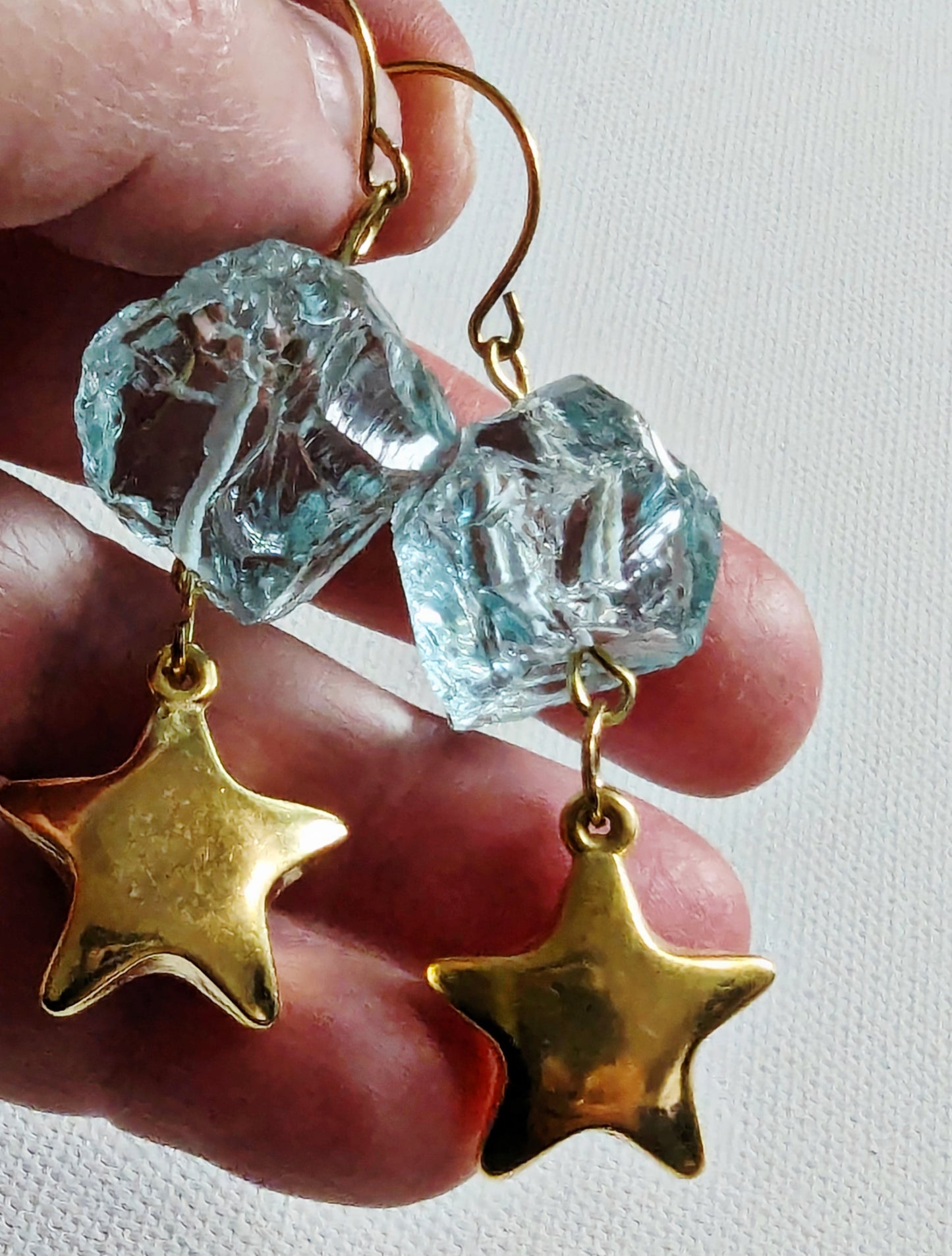 24K Gold Plated Vintage Stars + Aqua Rough Glass Nuggets Earrings USA-made Sugar Gay Isber gift bag