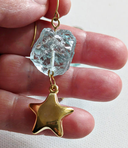 24K Gold Plated Vintage Stars + Aqua Rough Glass Nuggets Earrings USA-made Sugar Gay Isber gift bag