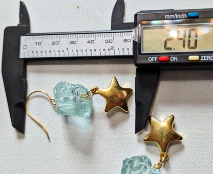 24K Gold Plated Vintage Stars + Aqua Rough Glass Nuggets Earrings USA-made Sugar Gay Isber gift bag