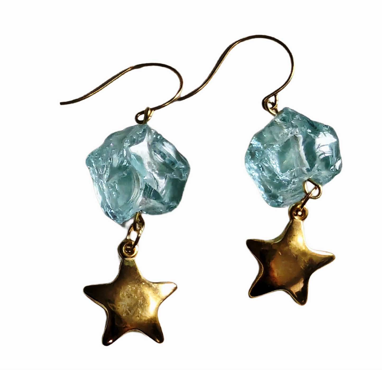 24K Gold Plated Vintage Stars + Aqua Rough Glass Nuggets Earrings USA-made Sugar Gay Isber gift bag