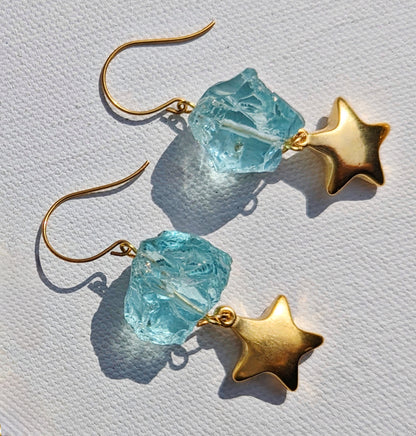 24K Gold Plated Vintage Stars + Aqua Rough Glass Nuggets Earrings USA-made Sugar Gay Isber gift bag