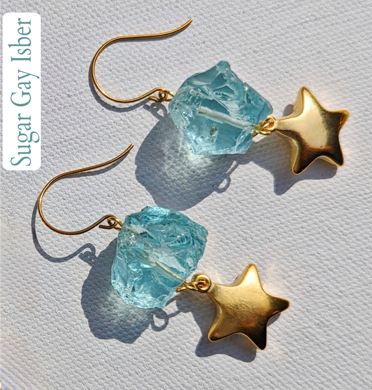 24K Gold Plated Vintage Stars + Aqua Rough Glass Nuggets Earrings USA-made Sugar Gay Isber gift bag