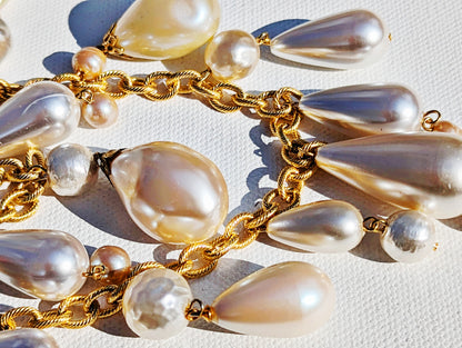 Vintage Japanese Pearls and Drops 2 Strands Gold Textured Chain 20 inches adjustable US Made Handmade Sugar Gay Isber