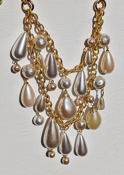 Vintage Japanese Pearls and Drops 2 Strands Gold Textured Chain 20 inches adjustable US Made Handmade Sugar Gay Isber