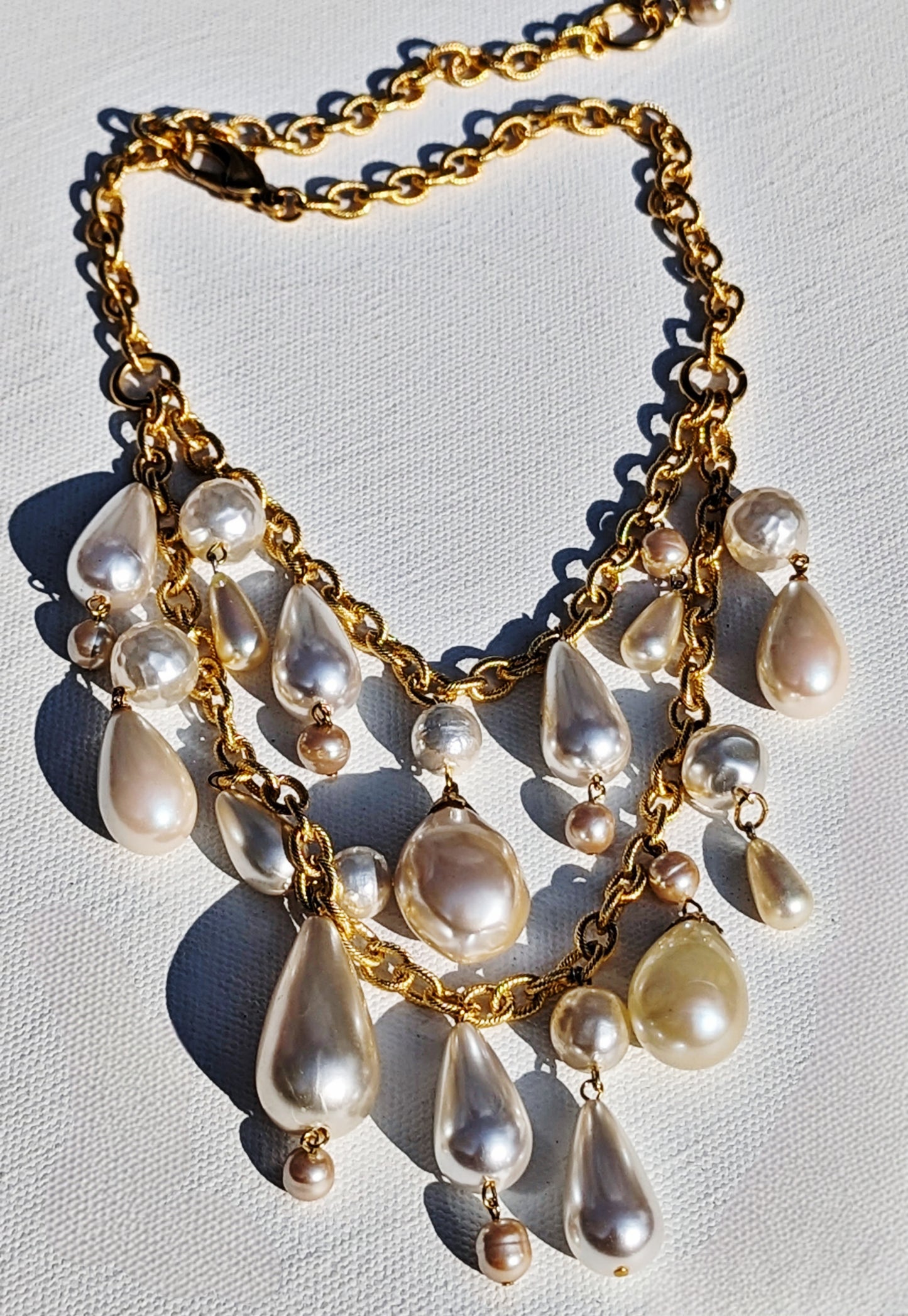 Vintage Japanese Pearls and Drops 2 Strands Gold Textured Chain 20 inches adjustable US Made Handmade Sugar Gay Isber