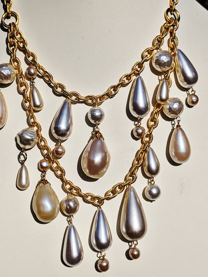 Vintage Japanese Pearls and Drops 2 Strands Gold Textured Chain 20 inches adjustable US Made Handmade Sugar Gay Isber