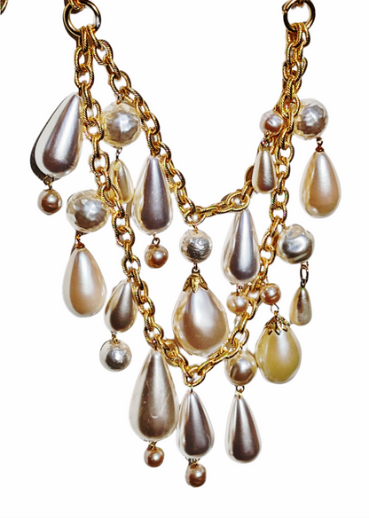 Vintage Japanese Pearls and Drops 2 Strands Gold Textured Chain 20 inches adjustable US Made Handmade Sugar Gay Isber