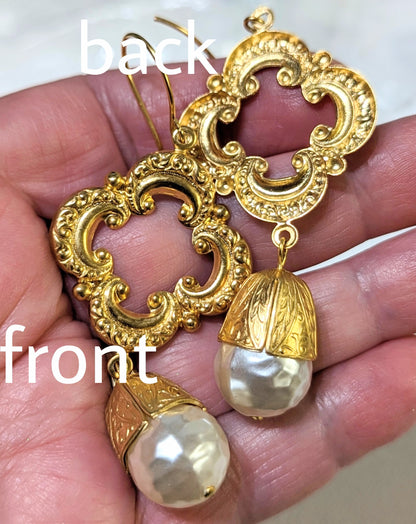 Gold Plated Elegant Vintage Cream Pearl Drop Earrings 3 inch Long USA Made by Sugar Gay Isber unisex-adult Bridal Other colors available