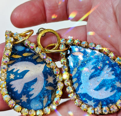 Beautiful Blue and Dove Sparkle Earrings Blue Gold Plated USA Made Sugar Gay Isber Free Shipping