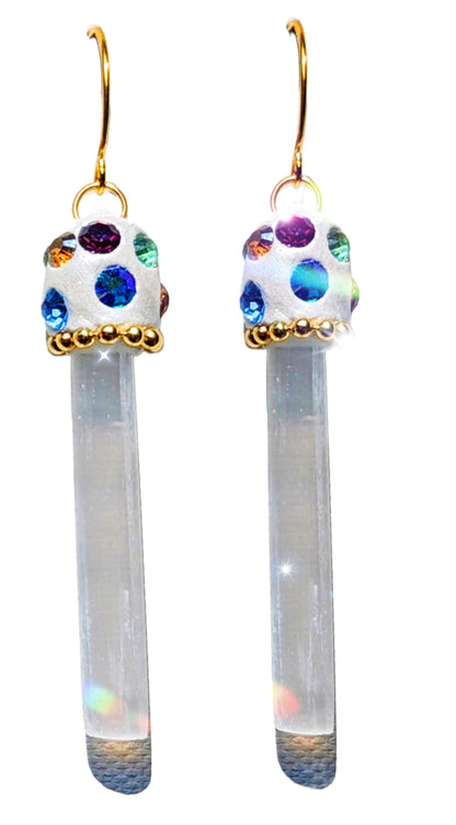 Selenite Stick Earrings with Vintage Swarovski Crystals Gold A Matched Pair Handmade by Sugar Gay Isber Gift Bag Free Shipping NF