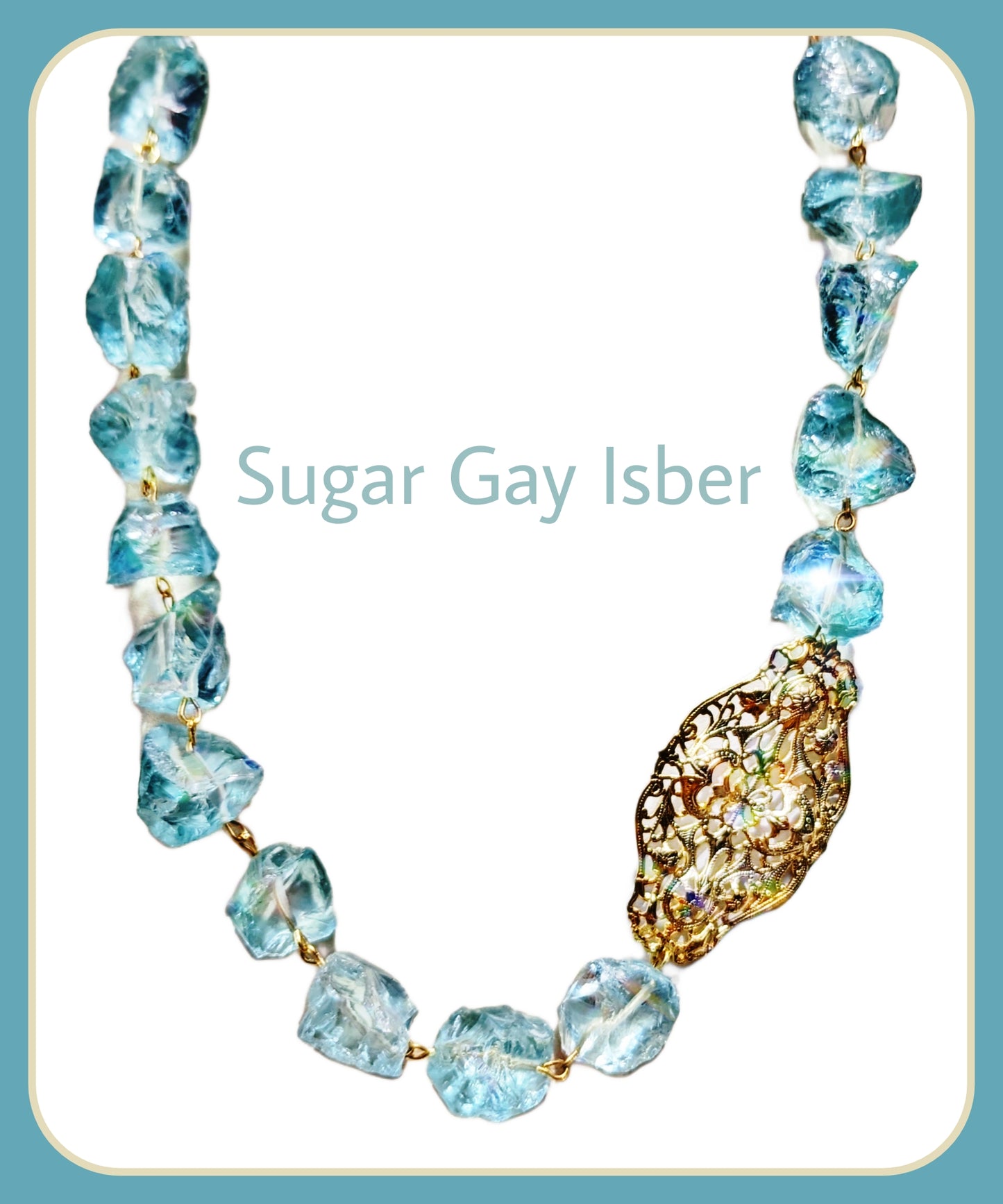 Aqua Glass Nuggets + Gold Designer Necklace by Sugar Gay Isber US Made Adjustable