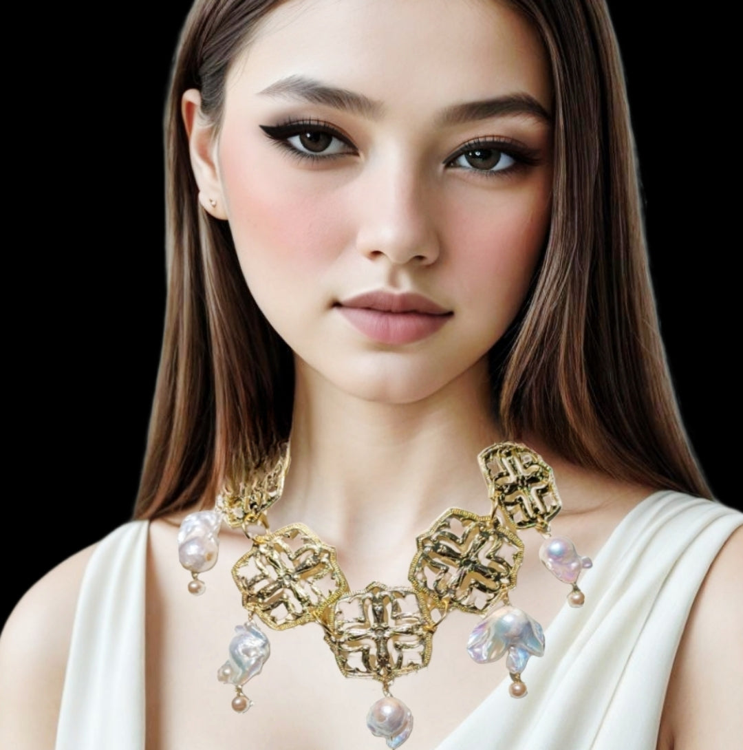 One-of-a-Kind Asian-Themed 24K Gold-Plated Necklace with Giant Baroque Pearls - Designed by Award-Winning Artist Sugar Gay Isber