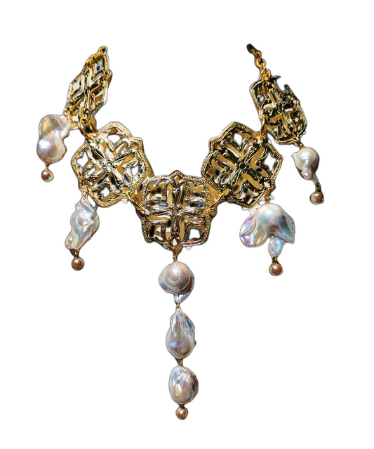 One-of-a-Kind Asian-Themed 24K Gold-Plated Necklace with Giant Baroque Pearls - Designed by Award-Winning Artist Sugar Gay Isber