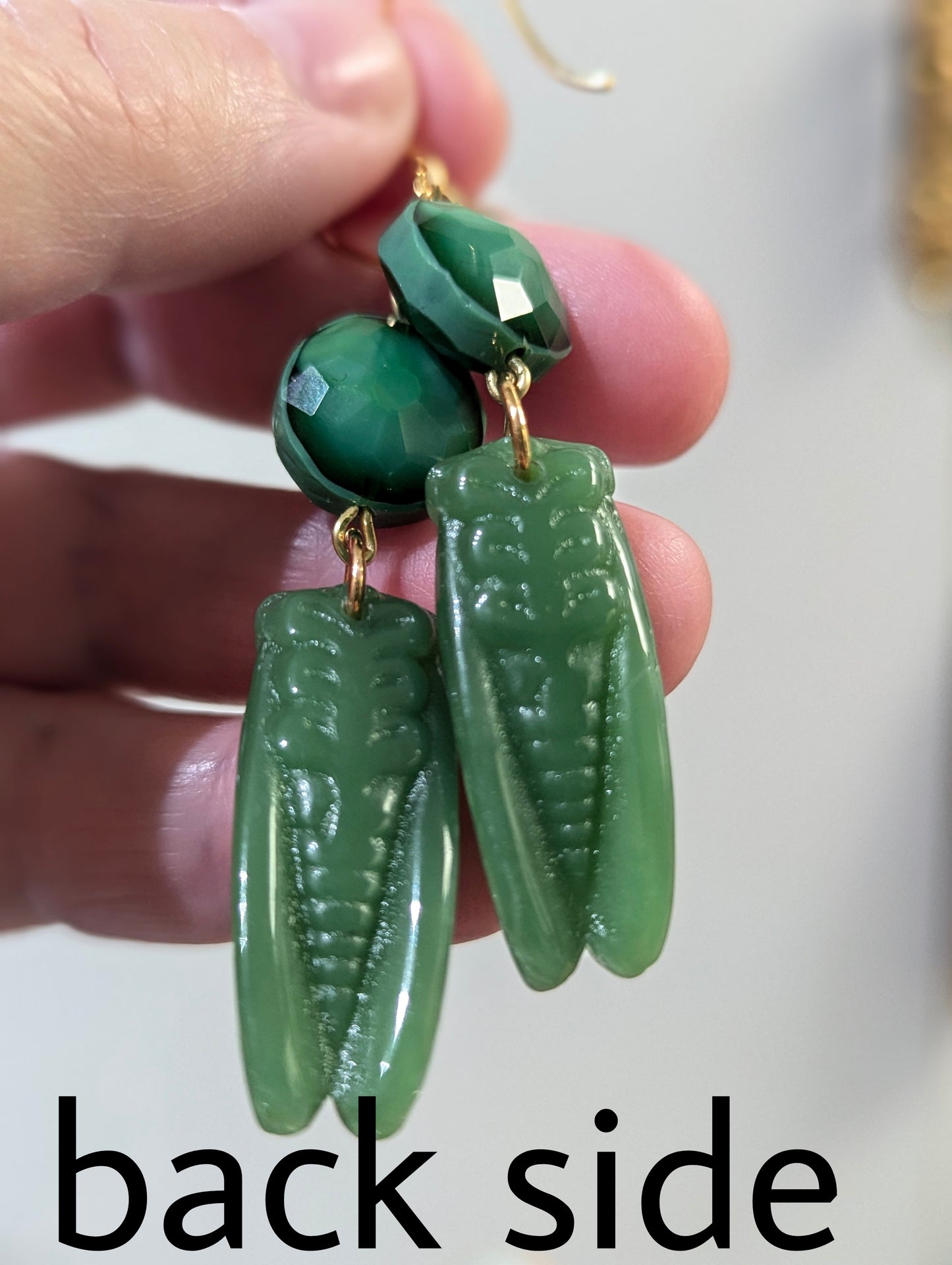 Handmade Jade-Colored Green Cicada Earrings with Gold-Plated Hooks - Designed by Award-Winning Artist Sugar Gay Isber