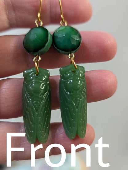 Handmade Jade-Colored Green Cicada Earrings with Gold-Plated Hooks - Designed by Award-Winning Artist Sugar Gay Isber