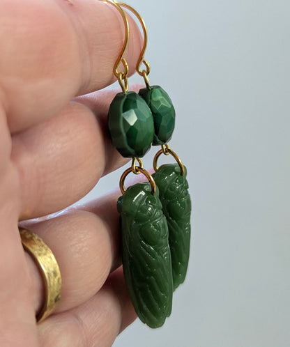 Handmade Jade-Colored Green Cicada Earrings with Gold-Plated Hooks - Designed by Award-Winning Artist Sugar Gay Isber